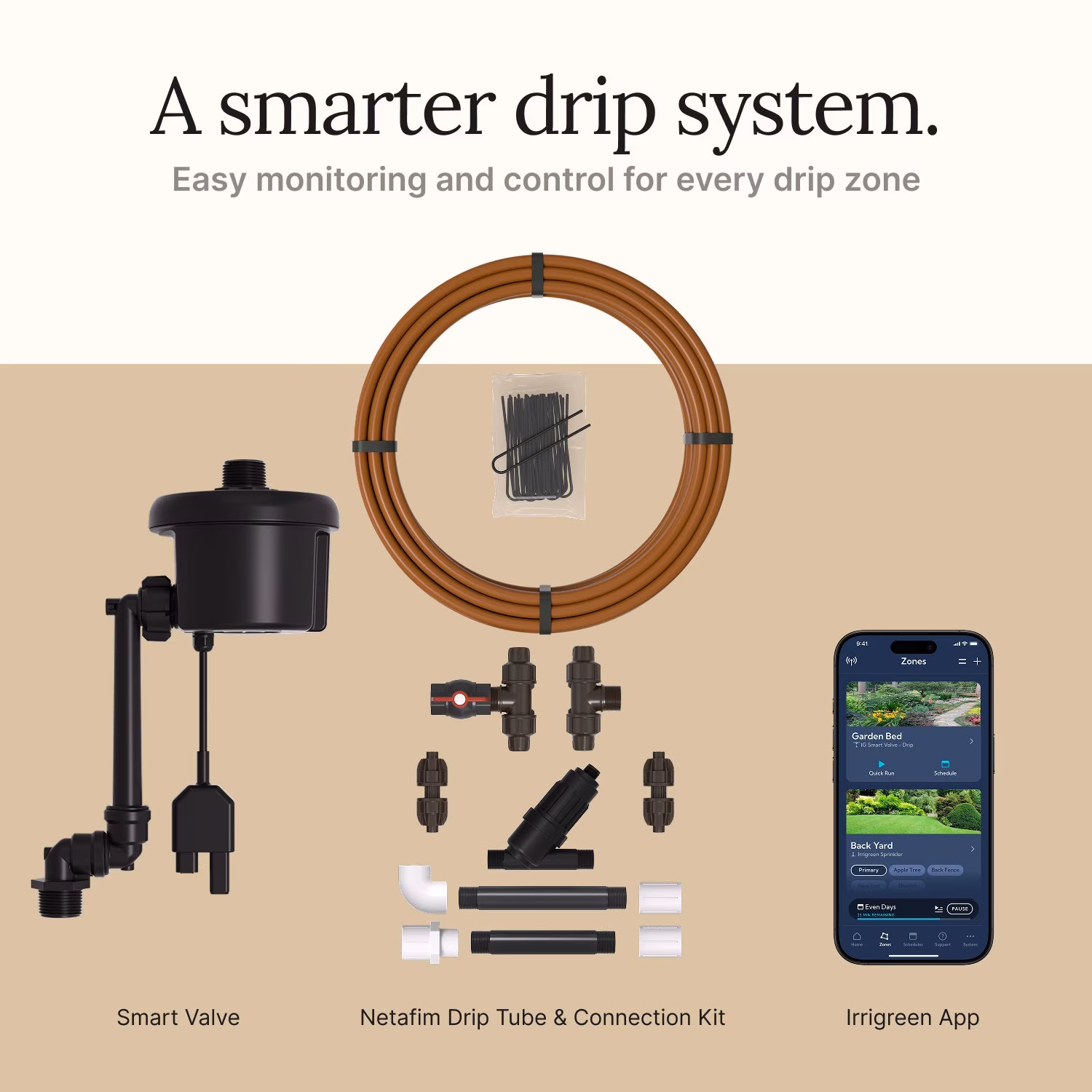 IrriGreen Smart Drip System components including Smart Valve, Netafim drip tubing, and connection kit