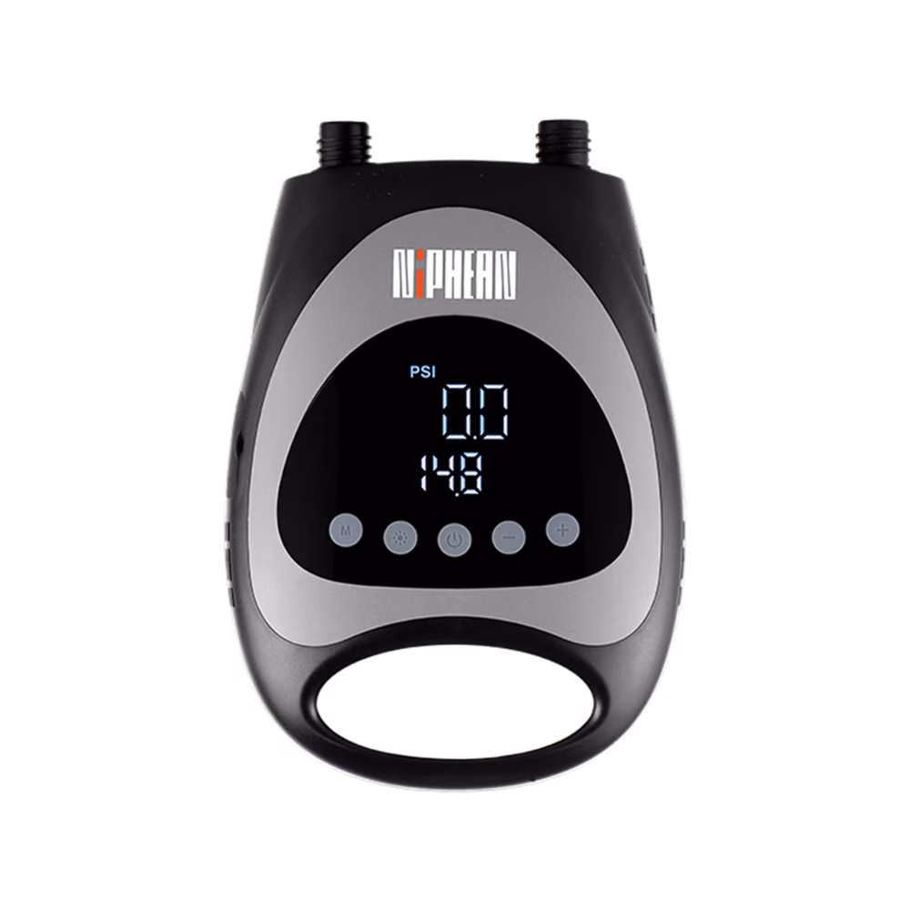 Niphean Paddle Board Pumps Compared: Cordless, Car-Powered, or Manual? 3 Niphean Car-Powered Electric Air Pump, a compact black-and-silver unit with a digital pressure display reading PSI and dual inflation ports on top
