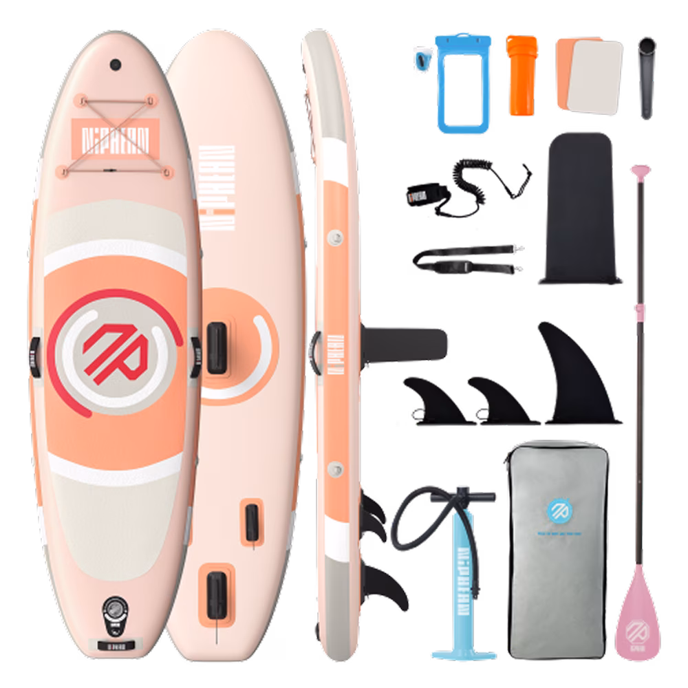 Niphean Paddle Board Sizes: How to Choose the Right One for Your Family 2 Niphean Classic All-Round 10 foot inflatable paddle board in coral and cream, shown with its full accessory kit including paddle, pump, leash, fins, and carry bag