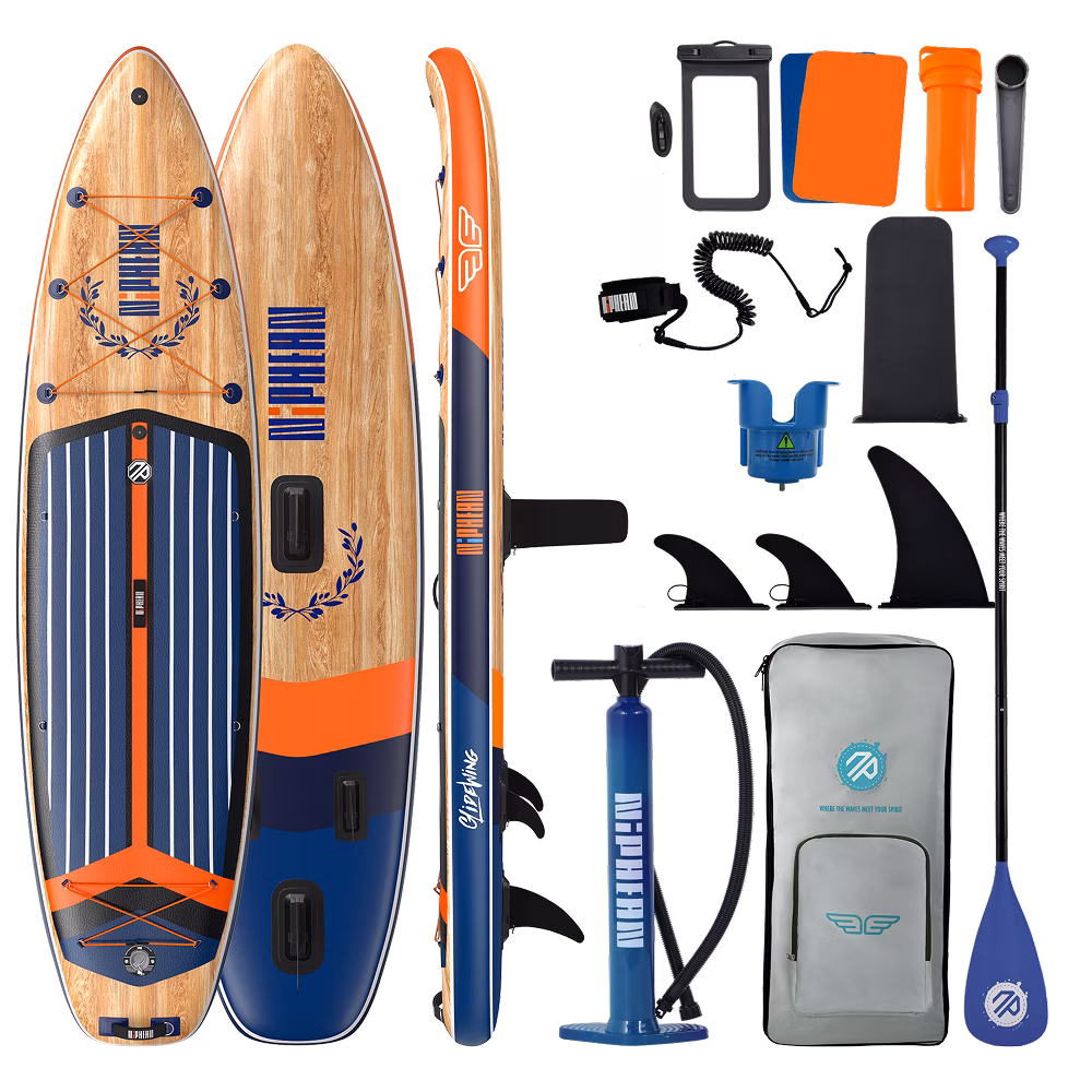 Niphean Paddle Board Sizes: How to Choose the Right One for Your Family 4 Niphean Classic All-Round 11 foot inflatable paddle board in wood-grain and navy, shown with paddle, pump, leash, three fins, and carry backpack