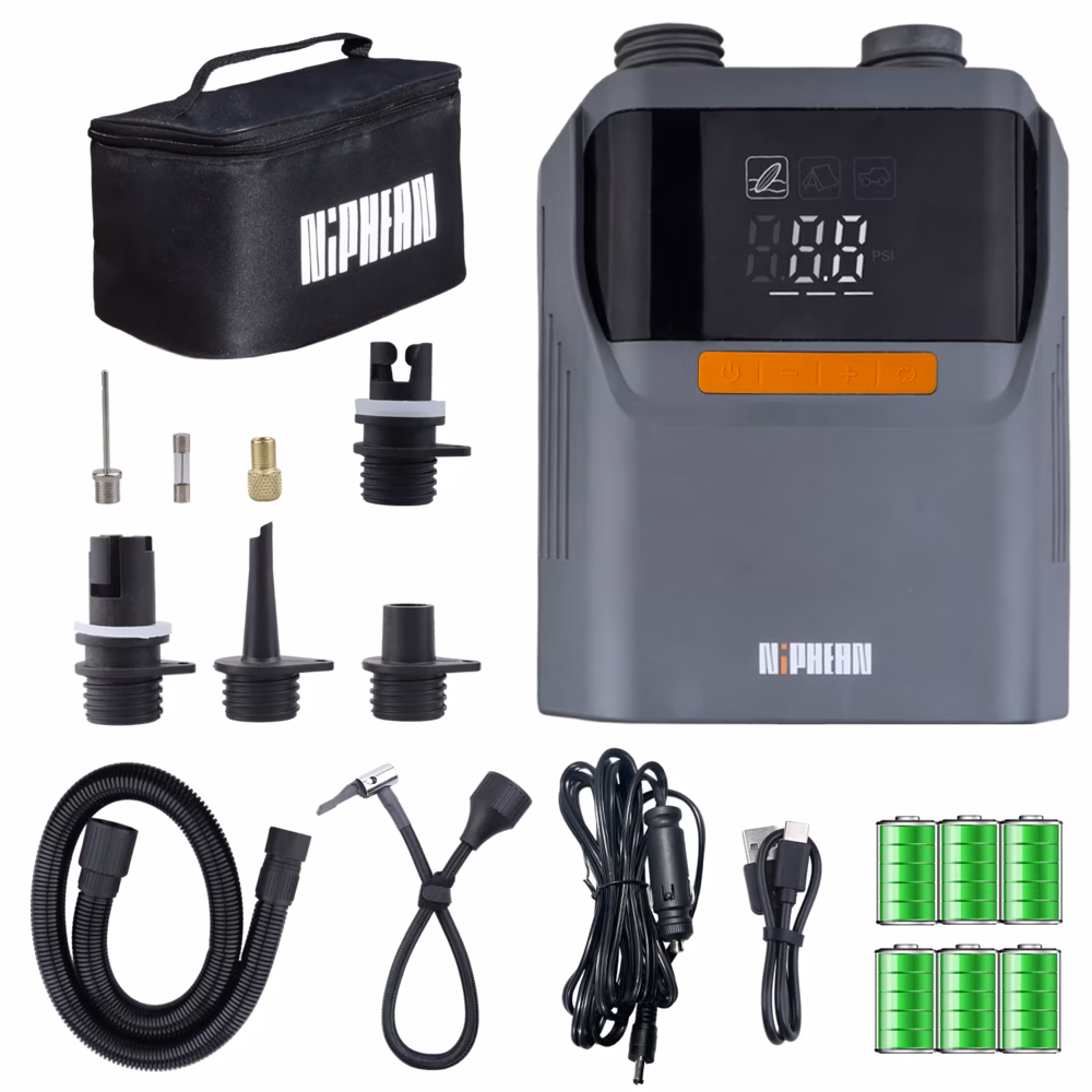 Niphean Paddle Board Pumps Compared: Cordless, Car-Powered, or Manual? 2 Niphean cordless Paddle Board Pump shown with its full kit: storage bag, multiple valve nozzles, hose, charging cables, and rechargeable battery cells, with a digital pressure display on the pump body