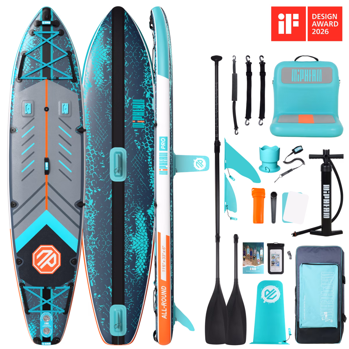 Niphean Paddle Board Sizes: How to Choose the Right One for Your Family 5 Niphean Pro All-Round 11 foot 6 inch inflatable paddle board in teal snakeskin pattern, shown with carbon-fiber paddle, inflatable seat, pump, leash, fins, and an iF Design Award 2026 badge