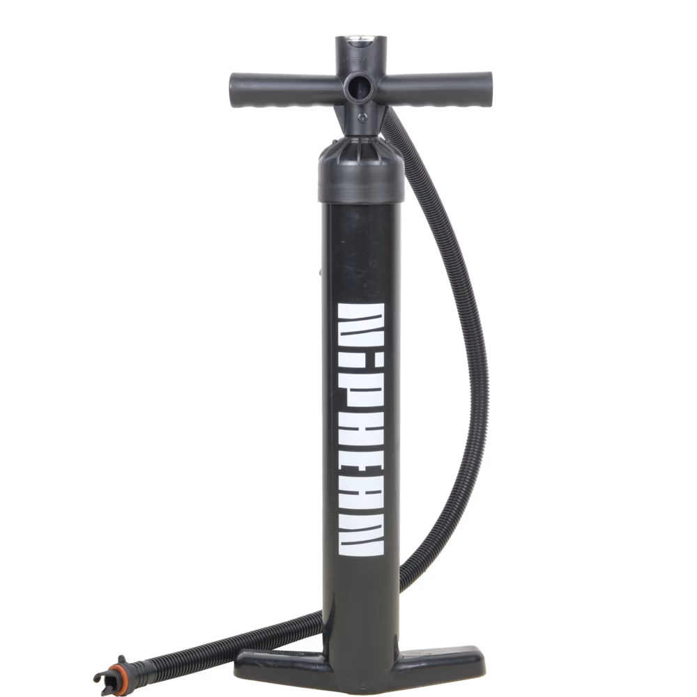 Niphean Paddle Board Pumps Compared: Cordless, Car-Powered, or Manual? 4 Niphean Pro Dual-Action Manual Pump, an upright cylinder pump with a T-handle, dual-scale pressure gauge, and a coiled hose, in a dark olive finish