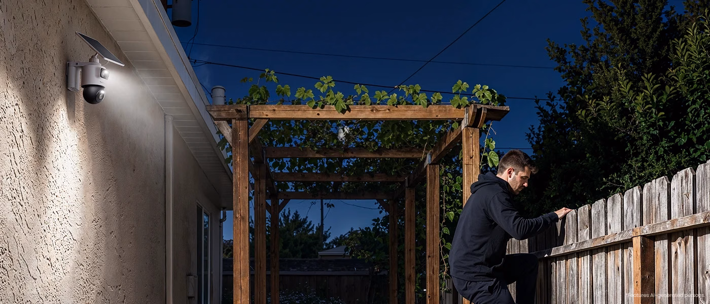 OMVI 2i Ultra spotlight lighting the side of a house at dusk as a man climbs a wooden fence near a pergola