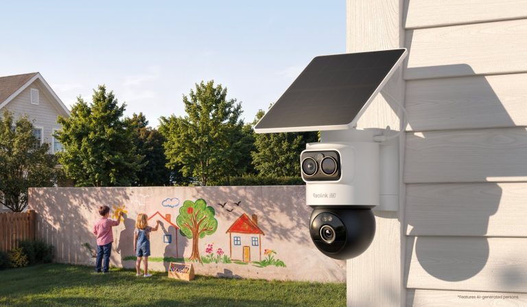 White Reolink OMVI 2i Ultra with a solar panel on top, mounted on a house corner above a backyard where two children paint a mural on a fence